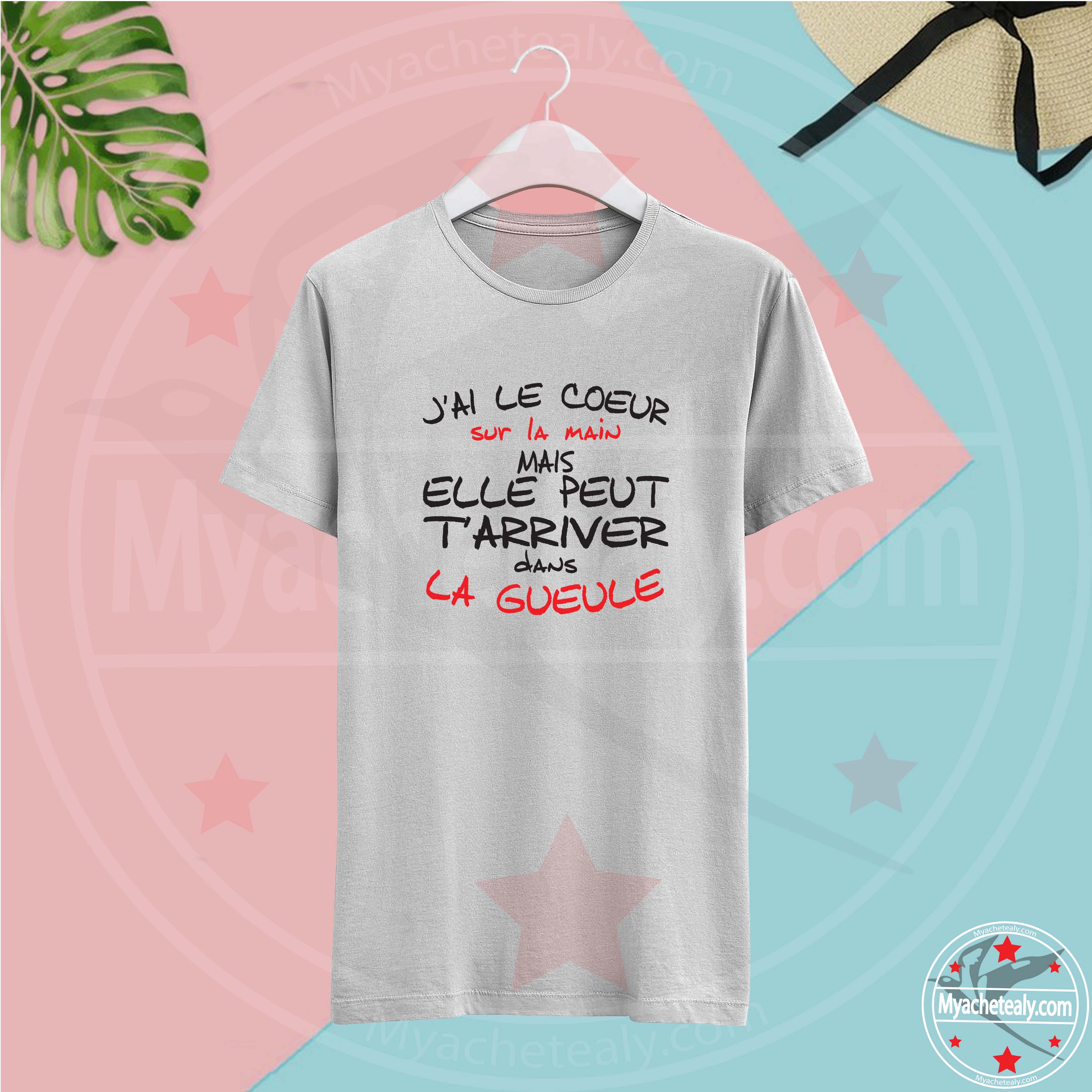 T-Shirt Femme Blanc J’ai Le Coeur Sur La Main Mais Elle Peut Aussi T Dans La Gueule