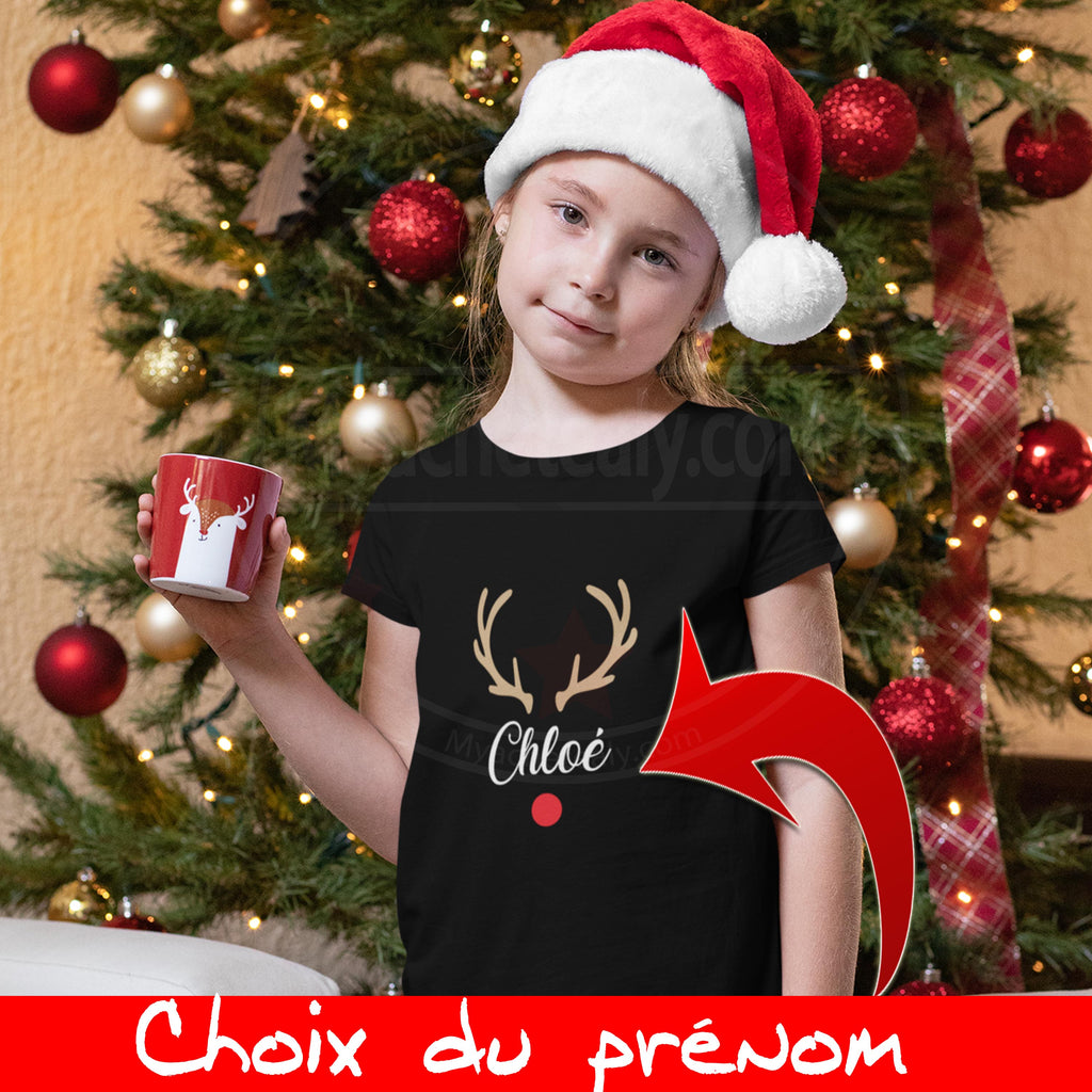Tee shirt Famille corne cerf Noël Homme Enfant Femme prénom