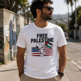 T-shirt Free Palestine porté de face, coupe unisexe disponible de S à 2XL