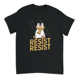 Resist Penguins T-Shirt with cartoon penguins protesting against Trump’s tariff policies.