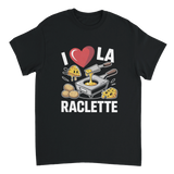 T-shirt avec le message "I Love la Raclette", porté lors d'une soirée raclette conviviale avec des amis.