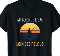 T-shirt noir humour pêcheur au bord de l'eau loin des relous silhouette ponton coucher de soleil rétro