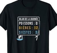 T-shirt noir humour pêche scoreboard bilan de la journée poissons 0 bières 12 siestes 3 – cadeau pêcheur apéro