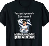 T-shirt noir humour breton en charge avec batterie branchée sur bolée de cidre – ne pas débrancher avant le fest-noz