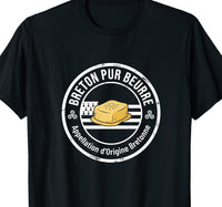 T-shirt noir humour breton pur beurre avec tampon appellation d'origine bretonne motte de beurre et triskell