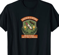 T-shirt noir humour chasseur d'apéros écusson saucisson tire-bouchon pastis – cadeau apéro chasse
