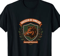 T-shirt noir chasseur de sanglier écusson vintage tête de sanglier branches de chêne – cadeau chasse