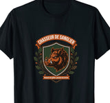 T-shirt noir chasseur de sanglier écusson vintage tête de sanglier branches de chêne – cadeau chasse