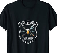 T-shirt noir humour écusson équipe officielle pêche et bière canne décapsuleur chope – cadeau pêcheur apéro