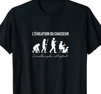 T-shirt noir humour évolution du chasseur silhouettes du singe au pliant de battue avec chien – cadeau chasse