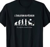T-shirt noir humour évolution du pêcheur silhouettes du singe au fauteuil de camping avec glacière – cadeau pêche
