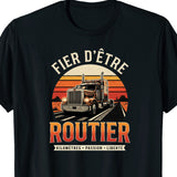 T-shirt noir Fier d'être Routier avec camion américain vintage et coucher de soleil rétro
