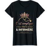 T-shirt noir c'est compliqué être princesse et infirmière humour femme