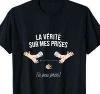 T-shirt noir humour pêcheur la vérité sur mes prises bras écartés petit poisson vexé – cadeau pêche
