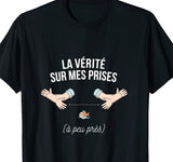 T-shirt noir humour pêcheur la vérité sur mes prises bras écartés petit poisson vexé – cadeau pêche