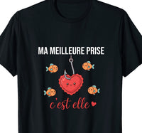 T-shirt noir humour pêcheur ma meilleure prise c'est elle cœur au bout de l'hameçon poissons jaloux – cadeau couple