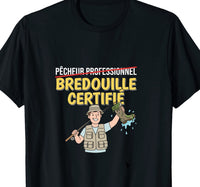 T-shirt noir humour pêcheur bredouille certifié avec pêcheur cartoon brandissant une botte – cadeau pêche