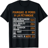 T-shirt noir homme humour Pourquoi Je Perds à la Pétanque – cadeau autodérision bouliste