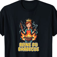 T-shirt noir femme Reine du Barbecue avec couronne dorée et flammes – cadeau humour grillades