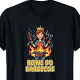 T-shirt noir femme Reine du Barbecue avec couronne dorée et flammes – cadeau humour grillades