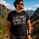 T-shirt noir homme si je tombe ramenez-moi au gîte humour randonnée trail Réunion