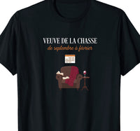 T-shirt noir femme humour veuve de la chasse fauteuil plaid livre coupe de vin – cadeau femme de chasseur