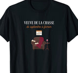 T-shirt noir femme humour veuve de la chasse fauteuil plaid livre coupe de vin – cadeau femme de chasseur