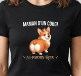 Tee-shirt noir pour femme avec un corgi couronné au popotin rond et le message maman d'un corgi au popotin royal