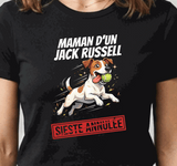 Tee-shirt noir pour femme avec un jack russell bondissant après une balle et le message humour maman d'un jack russell, sieste annulée