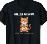 Tee-shirt noir pour homme avec un chat blasé décernant une médaille dorée, message meilleur papa chat approuvé par le chat