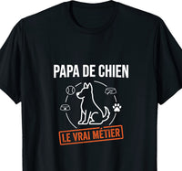 Tee-shirt noir pour homme avec une silhouette de chien entourée d'icônes balle, laisse et gamelle, message papa de chien, le vrai métier