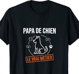 Tee-shirt noir pour homme avec une silhouette de chien entourée d'icônes balle, laisse et gamelle, message papa de chien, le vrai métier