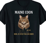 Tee-shirt noir avec un portrait majestueux de maine coon aux lynx tips et le message non, ce n'est pas un chien