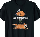 Tee-shirt noir avec un chat qui dort puis court comme un fou à 4h12 du matin, message humour mon chat m'épuise