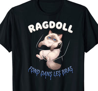 Tee-shirt noir avec un chat ragdoll aux yeux bleus complètement détendu dans des bras, message fond dans les bras