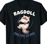 Tee-shirt noir avec un chat ragdoll aux yeux bleus complètement détendu dans des bras, message fond dans les bras