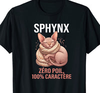 Tee-shirt noir avec un chat sphynx enroulé dans une écharpe en laine, message zéro poil, 100% caractère
