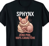 Tee-shirt noir avec un chat sphynx enroulé dans une écharpe en laine, message zéro poil, 100% caractère