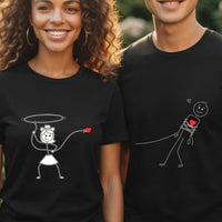 Tee shirt pour couple lasso cœur humour – elle le capture au lasso, duo femme homme noir