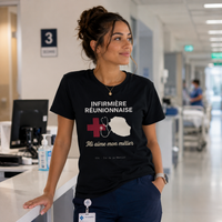 Femme portant un t-shirt noir avec le design « Infirmière Réunionnaise Mi aime mon métier » dans un couloir d'hôpital, vêtue d'une tenue médicale.
