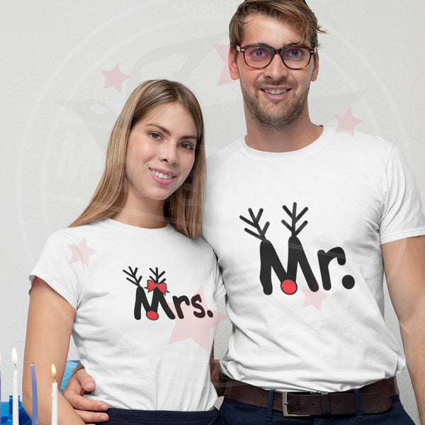 Tee shirt duo couple Mrs Mr cerf personnalisé corne noël partenaire - Myachetealy
